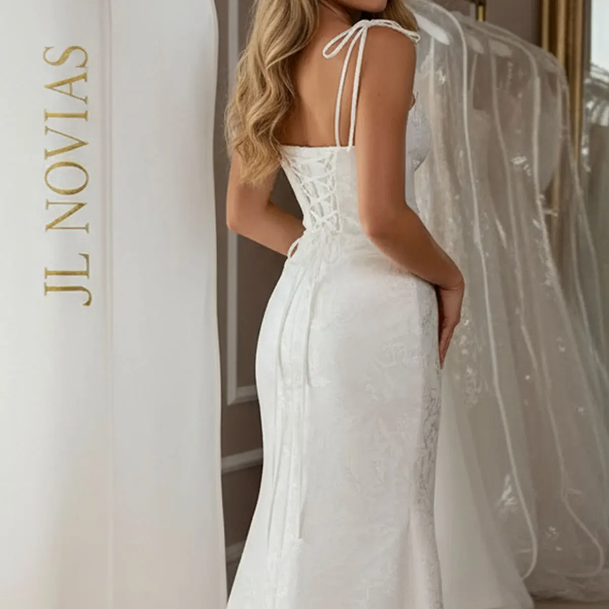 ชุดแต่งงานทรงเมอร์เมดแบบเปิดหลัง ผ้าลูกไม้ สำหรับผู้หญิง คอวี ทรงเข้ารูป ยาว ชุดเจ้าสาวสำหรับงานแต่งงาน ชุดเจ้าสาว