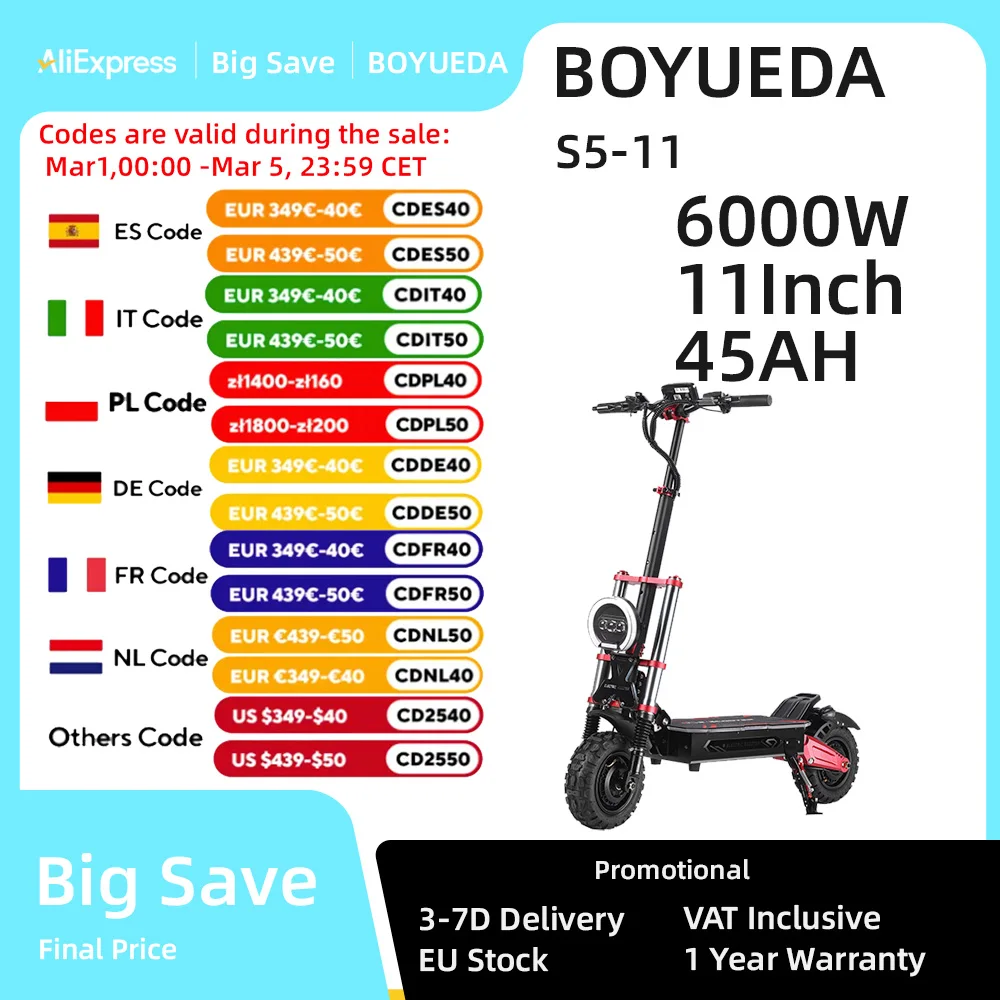 BOYUEDA S5 Electric Scooter 6000W Motor 60V38AH Battery 120KM Range 85KM/H Speed NFC Smart App RGB lights Off-road E Scooters