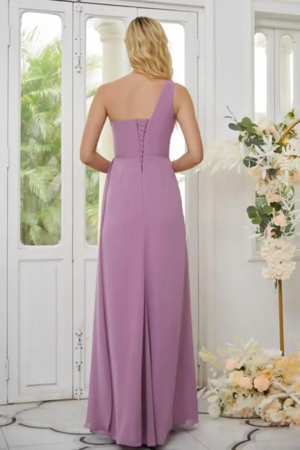 Chiffon One Shoulder Bridesmaid Dresses with Slit Long Ruched A Line Formal Evening Dress with Pockets Party Dress Luxury Dress