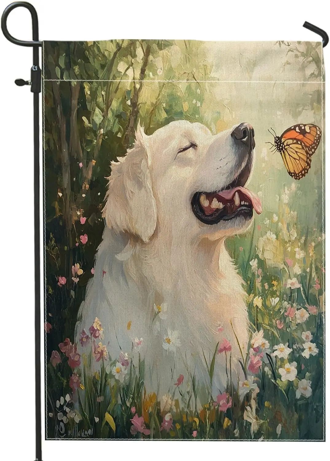 Spring Great Pyrenees Dog Front Yard Backyard Burlap Garden Flags 12x18 Double Sided for Outside, Funny Butterflies Pattern  AAS