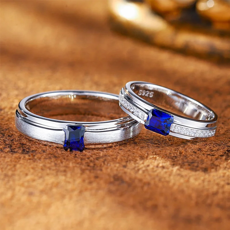 Royal Sapphire Ring 925 Sterling Silver Cultivated Color Gemstone Couple's Matching Rings