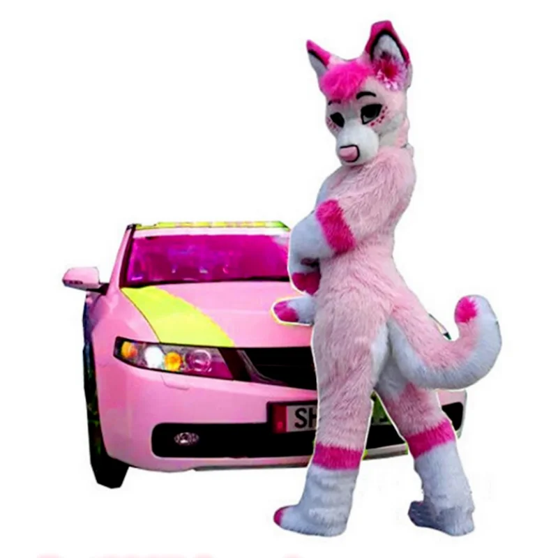 Sexy Pink Husky Fox Dog Mascot Costume Suits Cosplay Long Fur Fancy Dress Adults Factory Wholesale Free Postage