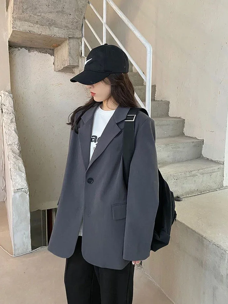 معطف Zoki Harajuku رمادي للنساء كوري فضفاض بأزرار واحدة سترة على طراز Preppy كاجوال بأكمام طويلة معطف ربيعي بسيط للسيدات