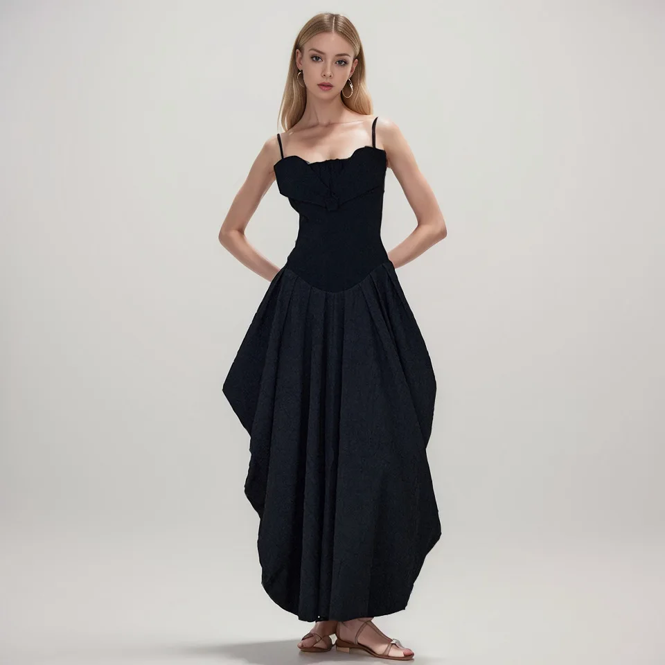 Abito elegante con bocciolo di fiore in stile vintage Abito lungo dal design francese senza maniche Moda femminile Nuovo arrivo transfrontaliero