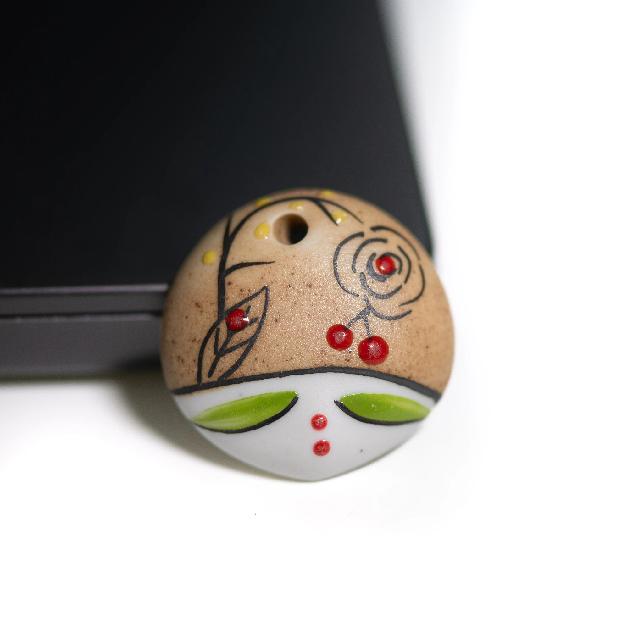 Handmade Vintage Peking Opera Face Pendant Ceramic Jewelry Accessory 36mm with Large Hole