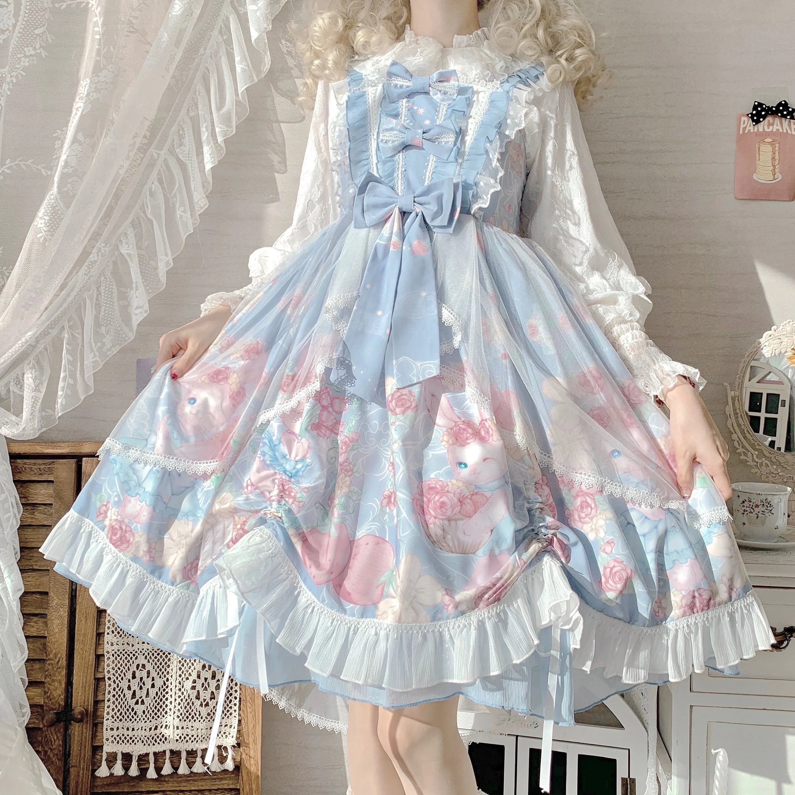 Lussuoso rosa Kawaii Girl Lolita Wreath Bunny Tail Trailer Coniglio Ragazza Abito Carino Vintage Jsk Senza maniche Fiocco Principessa Tea Party