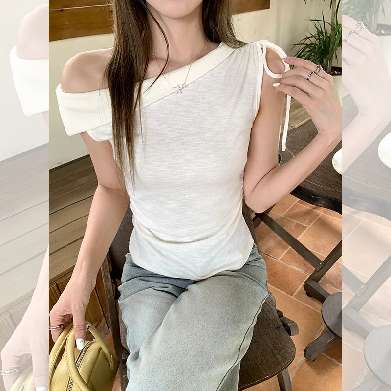 

Pure Desire Irregular Off-Shoulder Ruched Short Sleeve T-Shirt for Women 2025 Summer Waist-Cinching Slimming Sleeveless Top