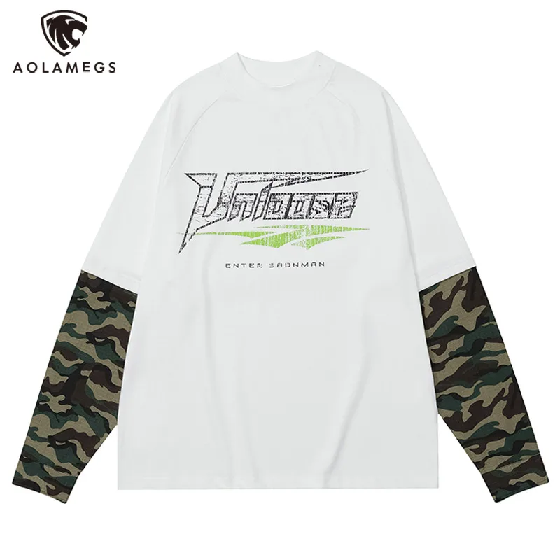 Aolamegs Y2K Men T Shirts Letter Print Camouflage Spliced Fake Two Pieces Tee Harajuku Oversized Street Sweatshirts Pullovers