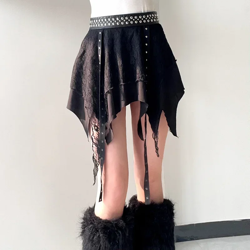 2024 Dark Spicy Girl Irregular Lace Spliced Rivet Skirt New Solid Color Short Skirt Women's Wear Korean Fashion Clothing NWQ68