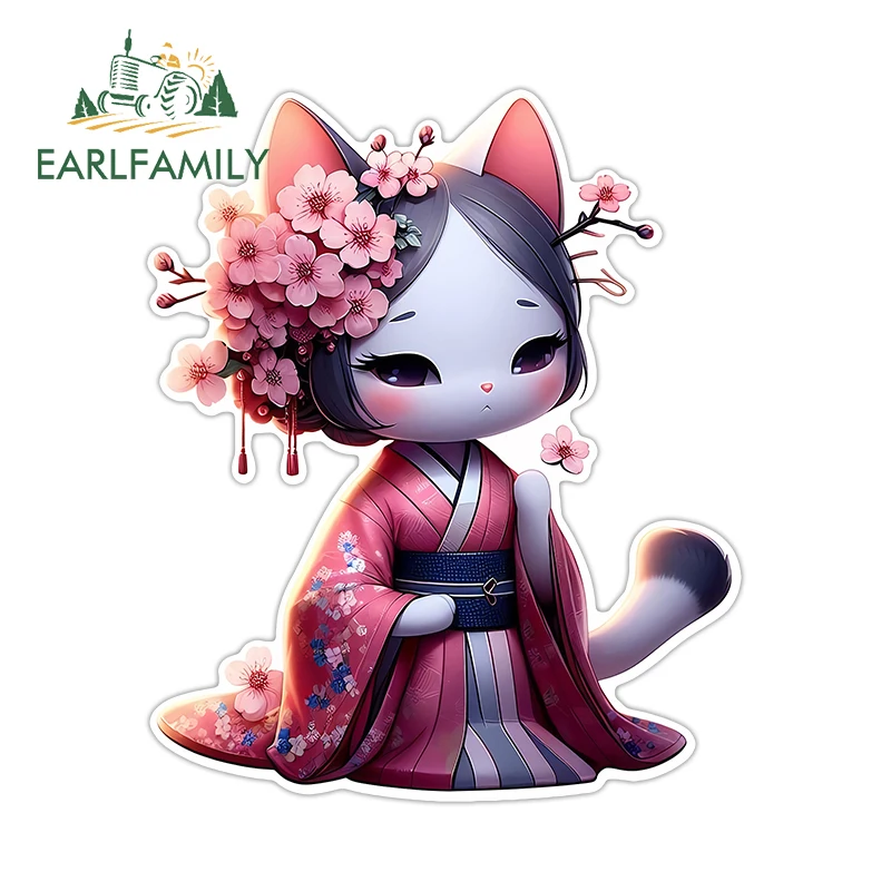 EARLFAMILY Geisha Neko Cat Lovely Cartoon Car Stickers Fashionable ATV JDM Fuel Tank Cap Decal Creative Computer Case Decor