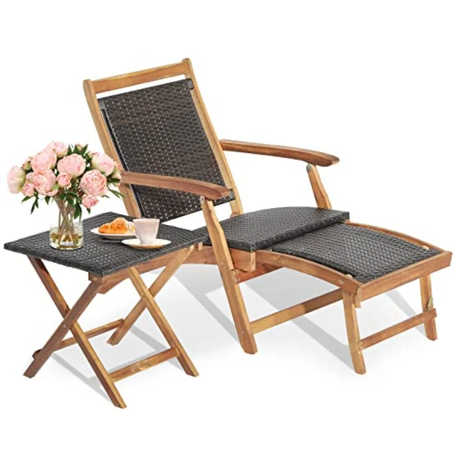Outdoor patio lounge chair and side table set for garden, backyard, poolside, balcony; acacia wood wicker; natural brown; foldi