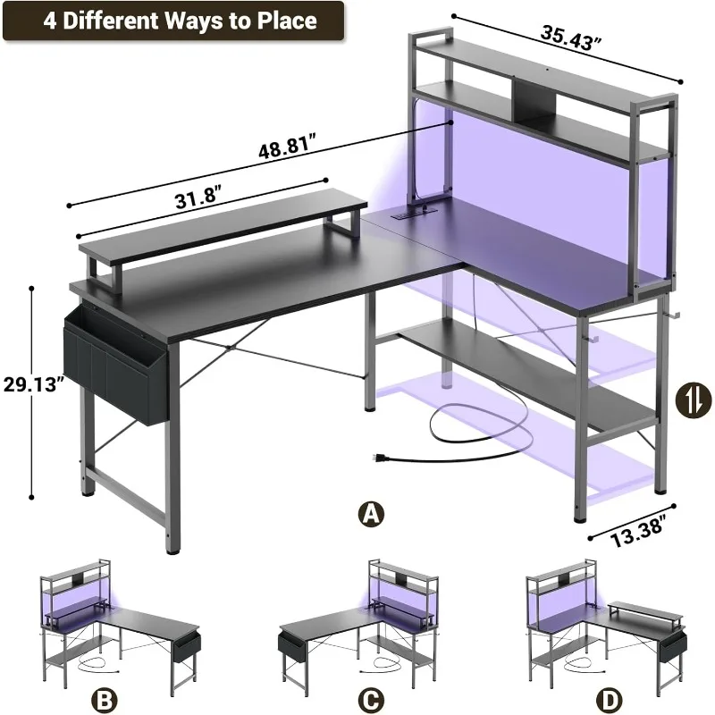 L Shaped Gaming Desk with Power Outlets & LED Lights, Small L- Shaped Desk Computer Corner Desk with Monitor Stand