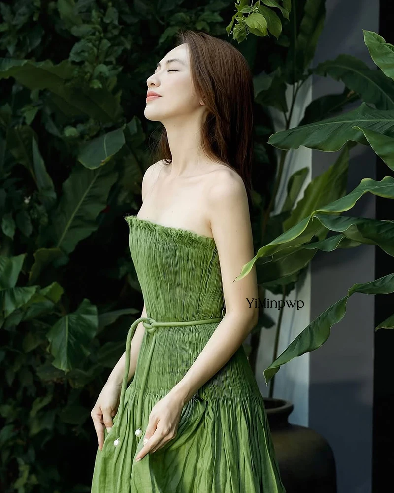 فساتين سهرة خضراء للنساء لالتقاط الصور فيستدوس دي غالا فساتين حفلات بدون حمالات بطول الأرض فساتين زفاف الضيوف حسب الطلب