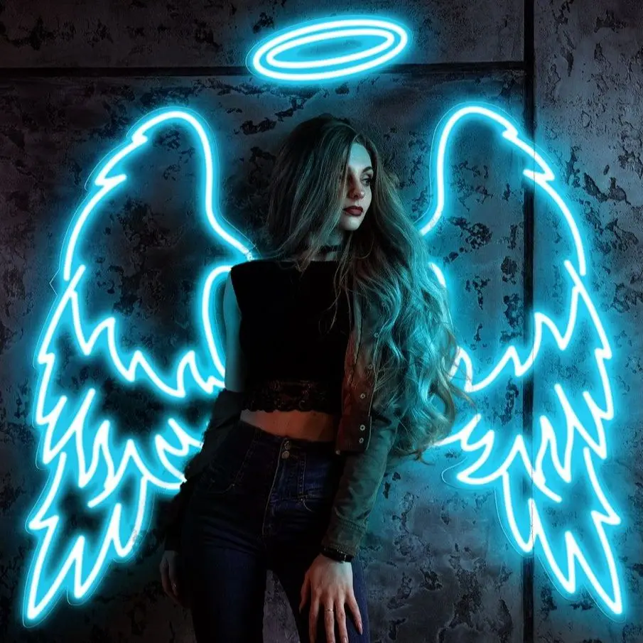 LED Angel Wings With Halo And Text LED Neon Sign - Nimbus Neon, Wedding Decor,Neon Wall Decor, Photo Zone, Neon Sign Custom