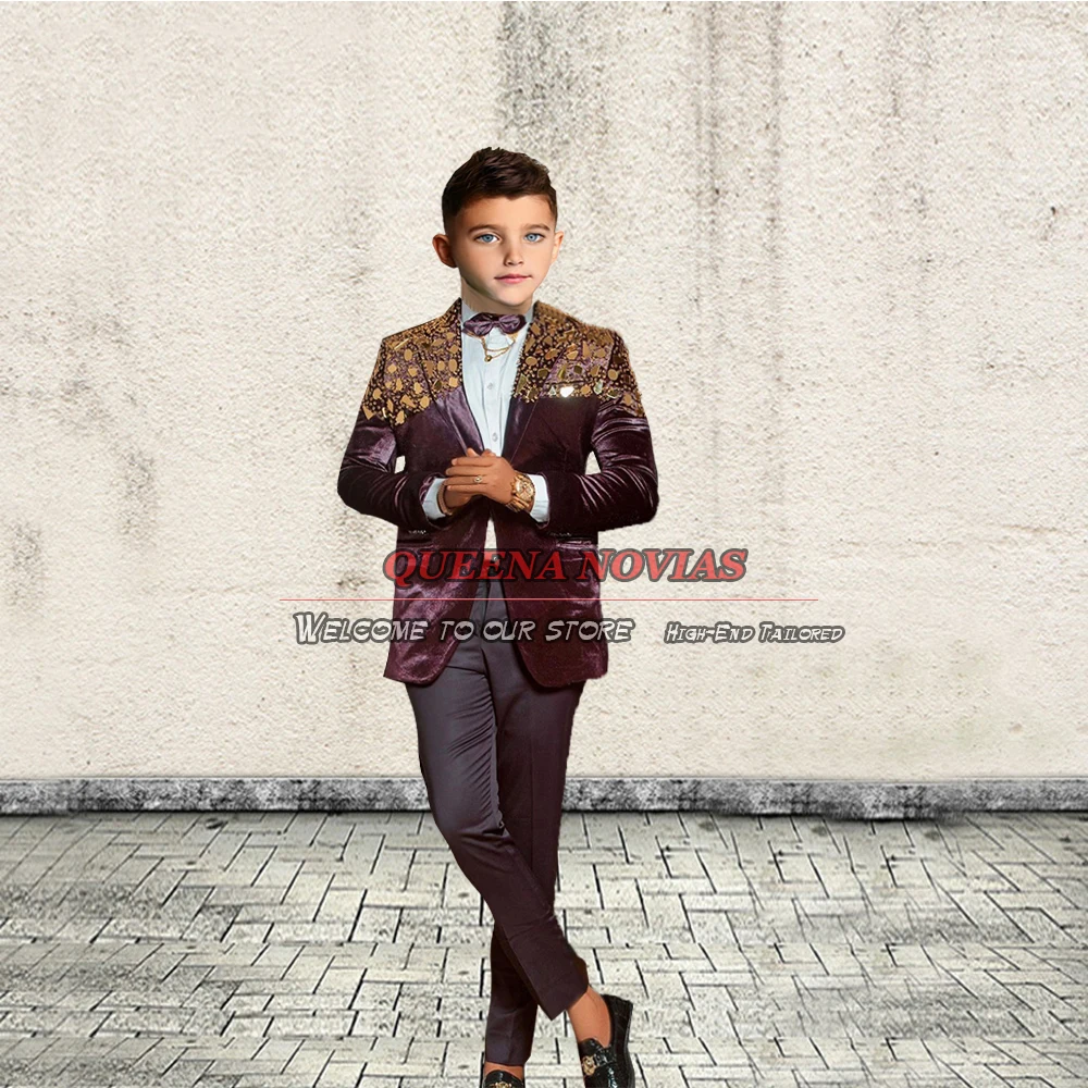 Blazer et pantalon en velours perlé doré pour enfants, robe de soirée formelle, vêtements de luxe pour enfants, Terno bettalk l, 2 pièces