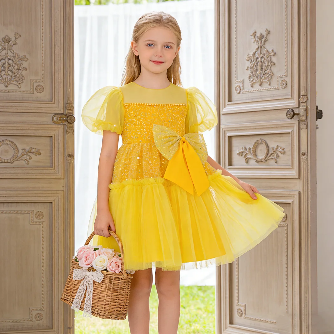 

Orange puff sleeve dress for girls sequined princess dress elegant dress for birthday party piano concert wedding ﻿