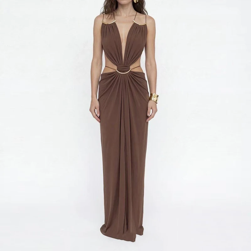Elegant High Waist Slim Dresses Sexy Hot Girl Sleeveless Hollow Out Halter Dress Summer Solid Color Backless Pleated Maxi Dress
