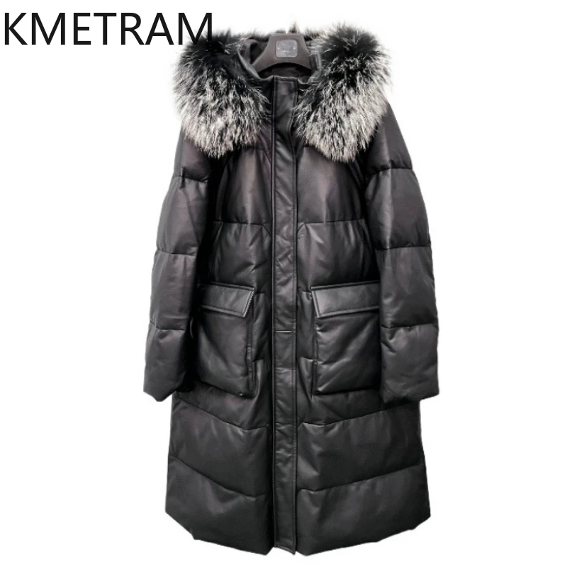 100% Sheepskin Puffer Jacket Women High Quality Genuine Leather Long Down Coats with Hood Raccoon Fur Collar 2025 Winter Clothes