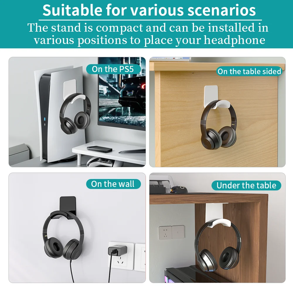 Soporte Universal para auriculares, colgador de montaje en pared de plástico adhesivo, debajo del escritorio, soporte para auriculares para juegos