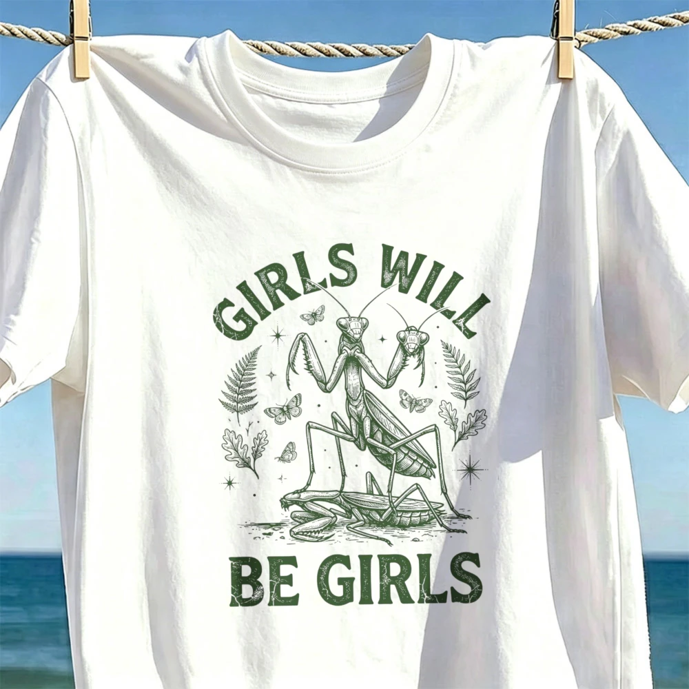 T-shirts Mantis « Girls Will Be Girls » – T-shirt féministe « Girl Power » avec motif insecte naturel – Hauts cool streetwear pour femmes