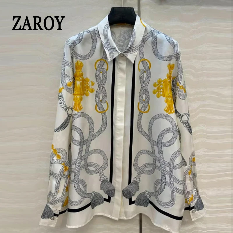 

ZAROY Shirts & Blouses Women Luxury Print Tops Old Money Fashion Streetwear Brand Design Shirt Elegant Satin Slim OL Blusas
