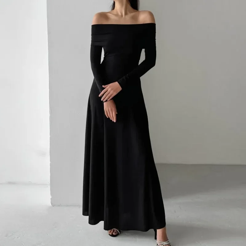 

French Slash Sexy Black Elegant Maxi Long Sleeve Dresses Off Shoulder Women A-Line Evening Gown Party French Chic High Street
