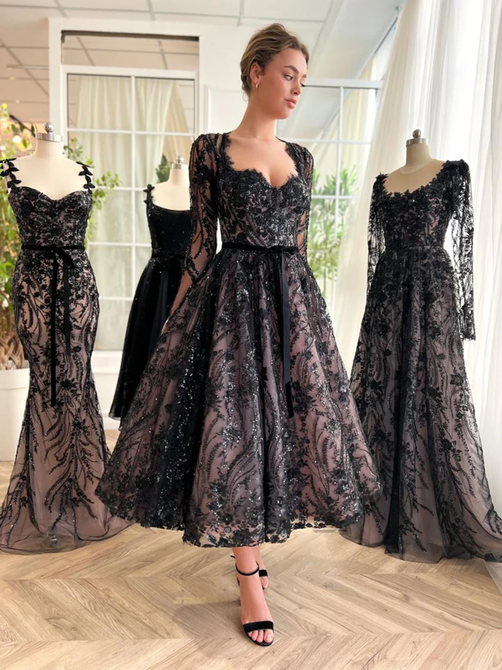 Vintage Black Evening Dresses Lace 2024 Prom Party Gowns Mid Calf Length Long Sleeves Wedding Guest Dress Sequined Sweetheart