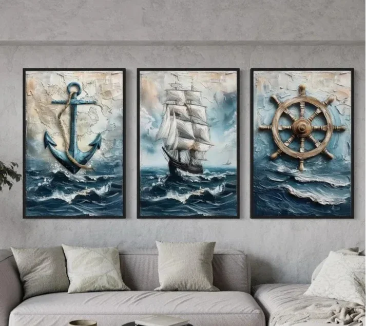 3PCS Framed Nautical Canvas Wall Art, Anchor Ship Wheel Sailboat Prints for Living Room