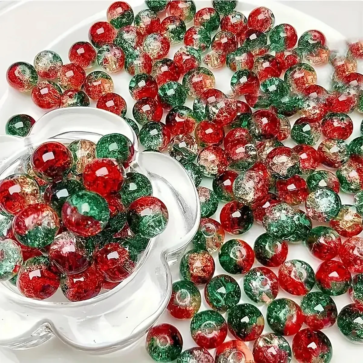 50/20Pcs/Bag 8mm Christmas Gradient Color Ice Crack Glass Beads Red Green Gradient Crack Bead Jewelry Making DIY Fashion Necklac