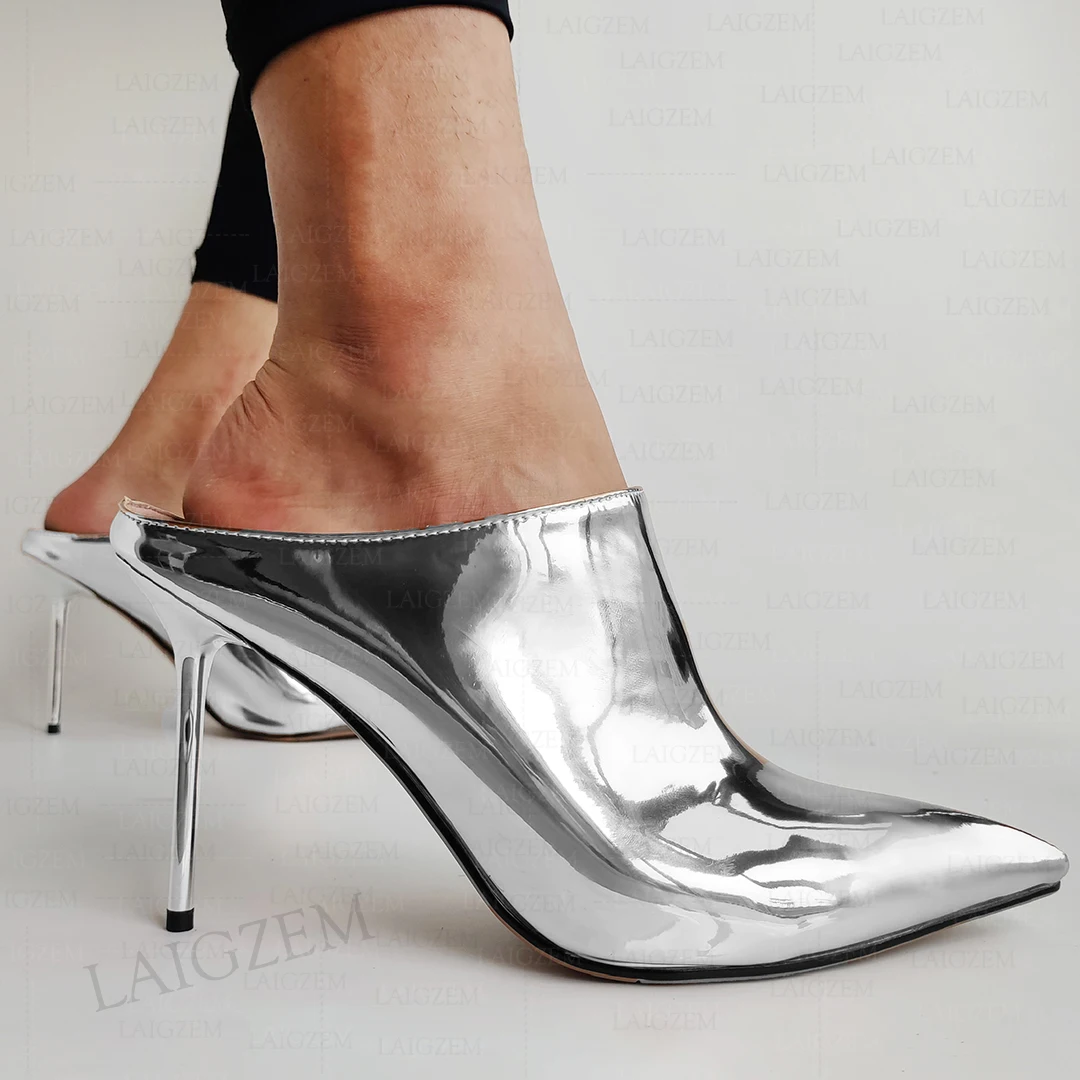 LAIGZEM Women Slides Slip on Silver 9.5CM Stiletto Heels Mules Party Sandalia Zapatos Shoes Woman Ladies Large Size 33 41 44 46