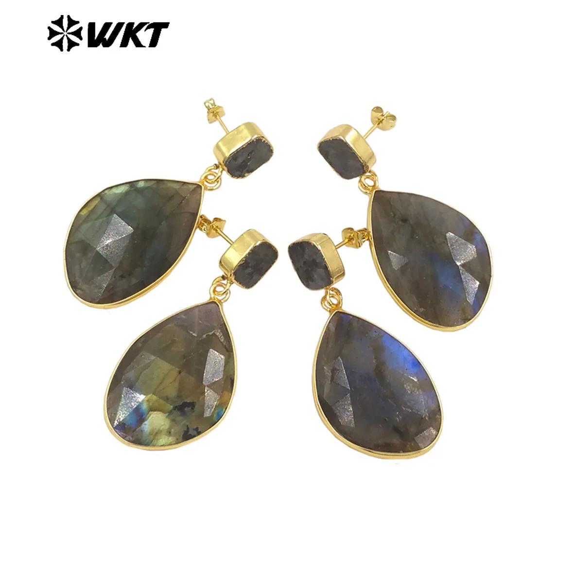 WKT-E675 WKT New Gorgeous Natural Labradorite stone Earrings gold trim high quality stone dangle earrings for Women Birthday