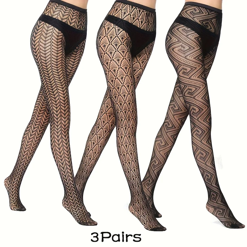 3 Pairs Pack Geometric Pattern Fishnet Tights Women's Hollow