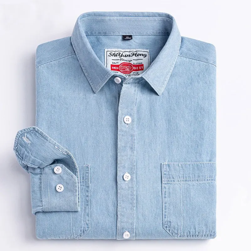 New four seasons classic cotton denim men\'s long sleeve shirt 100% cotton coat free ironing casual social comfort breathable