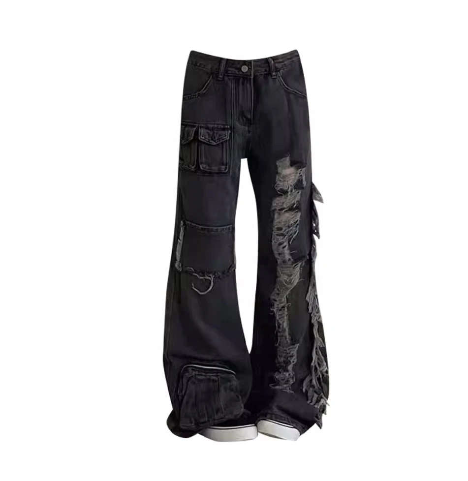 Tamanho grande europeu americano subcultura cintura alta jeans rasgados 2025 feminino nova rua multi-bolso y2k solto calças de perna reta