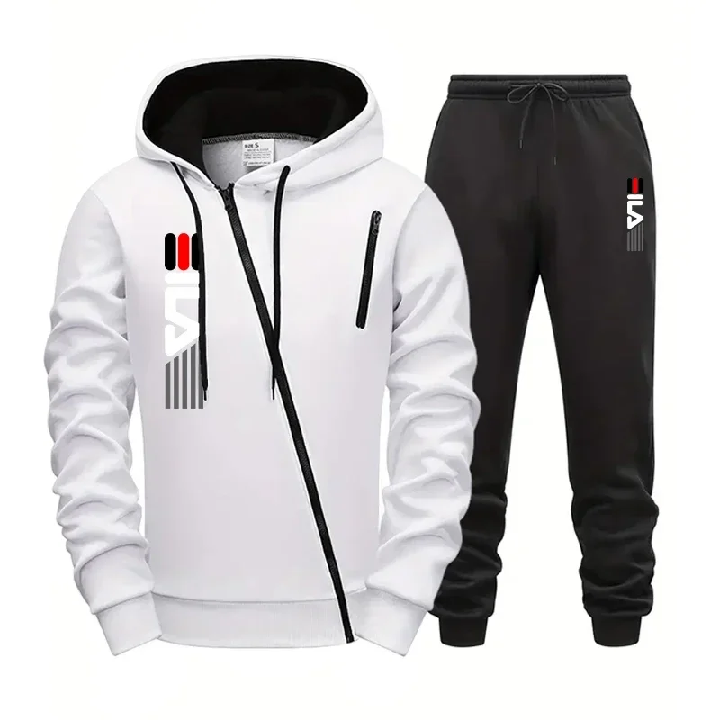 Men's zippered hooded sweatshirt + sweatpants 2-piece gym set for autumn and winter outdoor casual fitness jogging fashion