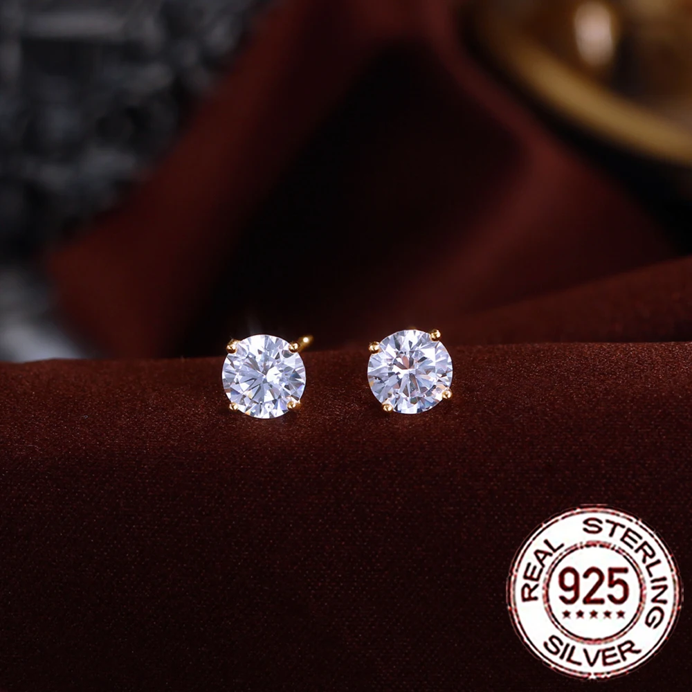 

QooLady 925 Sterling Silver Shiny Round Cubic Zircon Second Piercing Stud Earring for Women Gold Color Daily Party Jewelry SE080