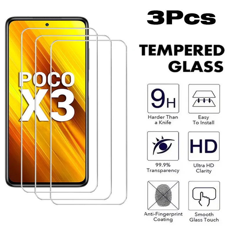 3 Stück gehärtetes Glas für Xiaomi Poco X3 Pro NFC M5S M5 F3 F4 GT F2 M3 M4 X4 5G Displayschutzfolie