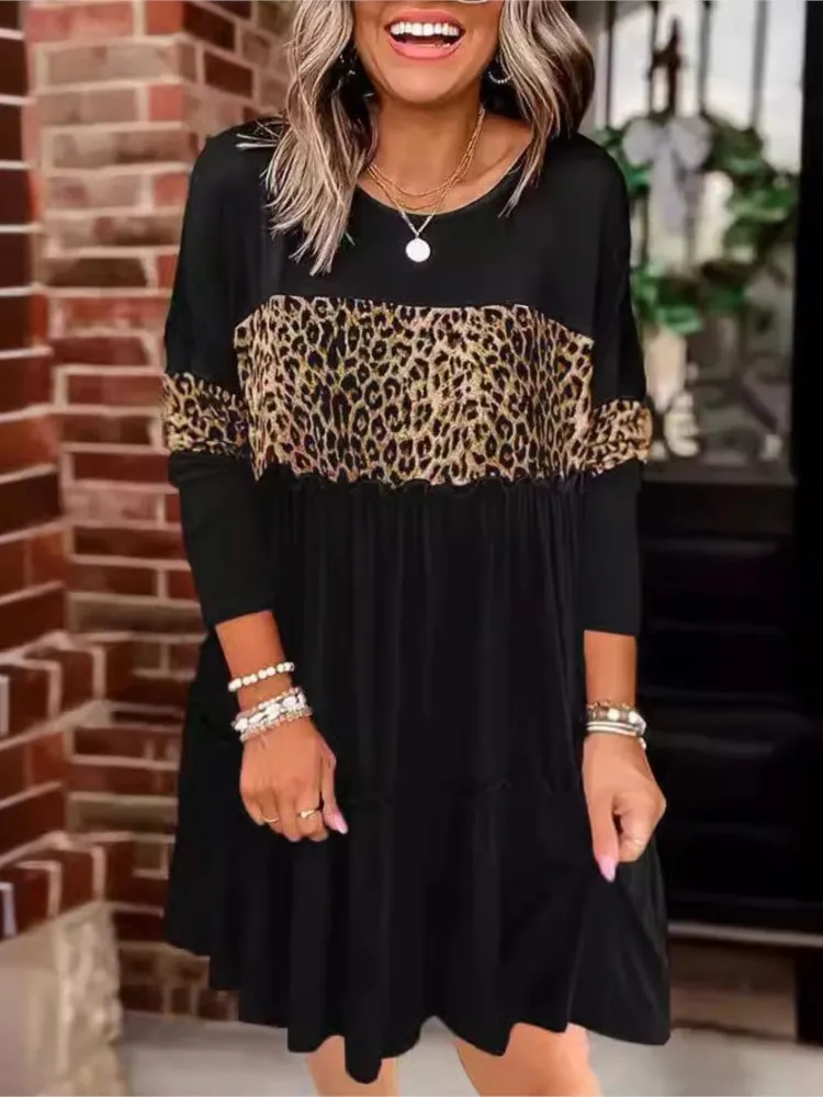 

Fashion Leopard Printing Loose Dress For Women Spring Autumn Patchwork Contrasting Colors O Neck Long Sleeve Knee Length Dress