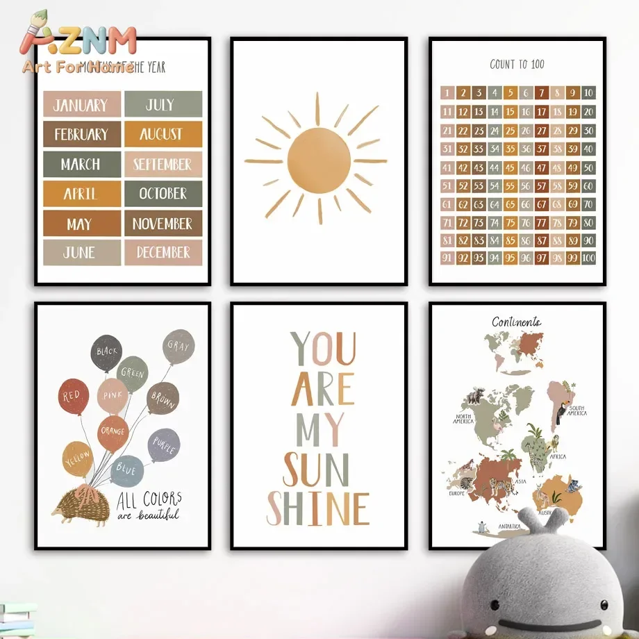 Leinwandgemälde, Montessori-Lernposter, Boho-Sonne, Regenbogenfarben, Kontinente, Monate, Kunstdrucke, Wandbilder, Kinderzimmer-Dekoration