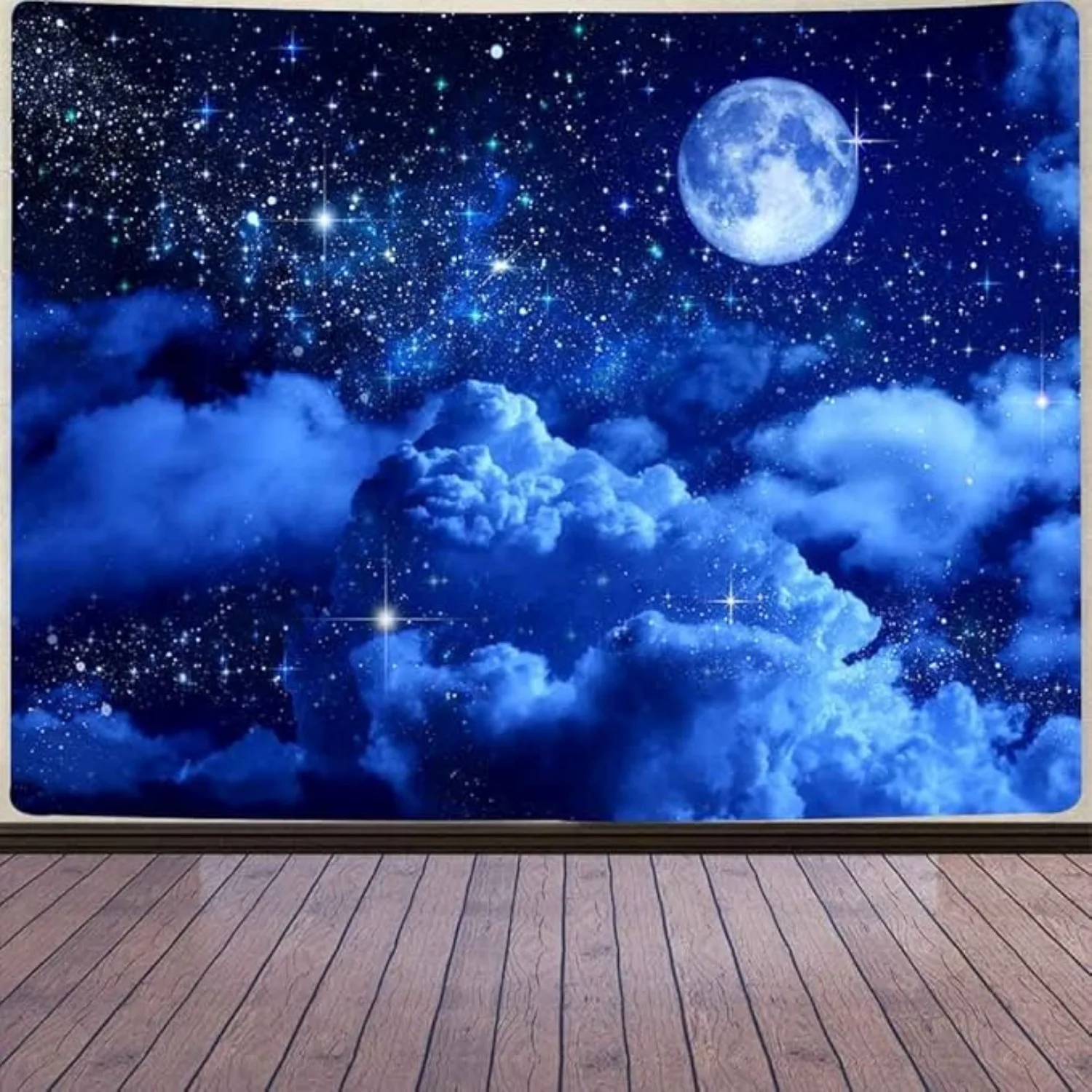 Celestial Night Sky Wall Tapestry for Dreamy Bedroom Decor, Featuring a Stunning View of a Full Moon Glowing Amidst a Star