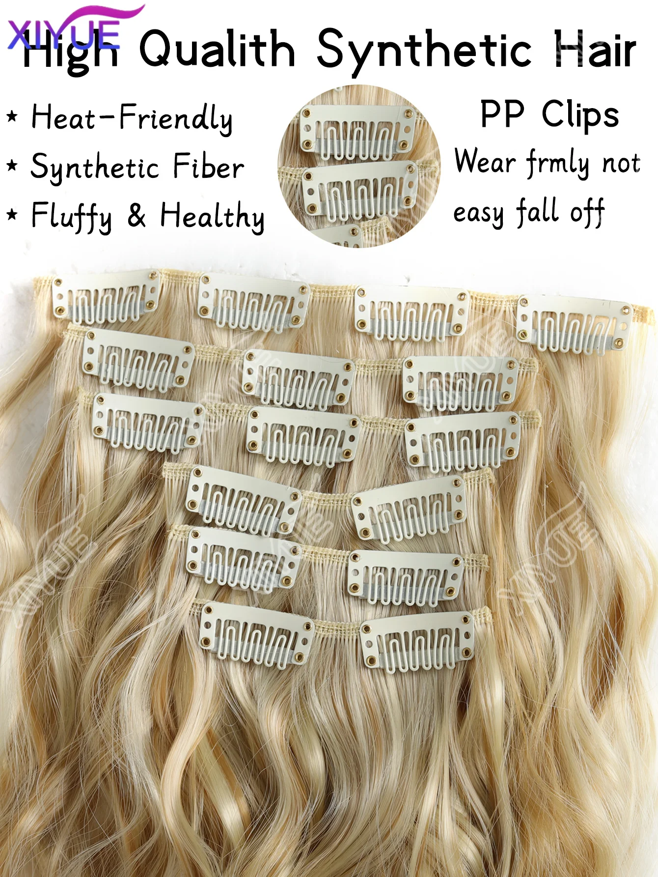 XIYUE synthetische clip-in haarextensies 24 inch lange watergolf haarverlenging voor vrouwen volledig hoofd synthetische haarextensies