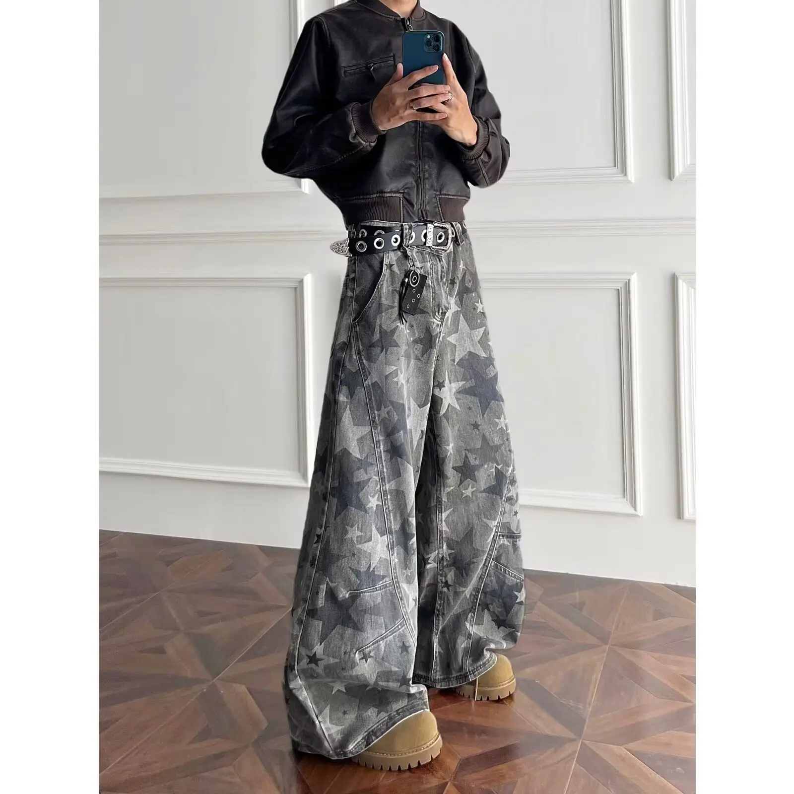 American High Street Workwear Wide-Leg Camouflage Jeans For Men, Draped Spring Retro High-Waisted Loose Slimming Straight Pants