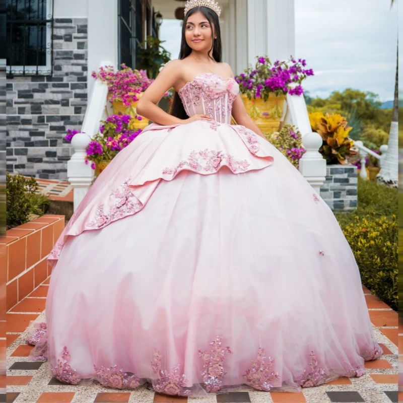 

Pink Shiny Quinceanera Dresses Ball Gown Off The Shoulder Applique Flower Beading Crystal Corset Tull Party Birthday Sweet 16