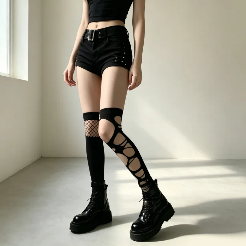 Women Y2K Gothic Punk Hollow Out Pantyhose Irregular Ripped Design Hot Girl Subculture Autumn Millennial Trendy Leg Hosiery