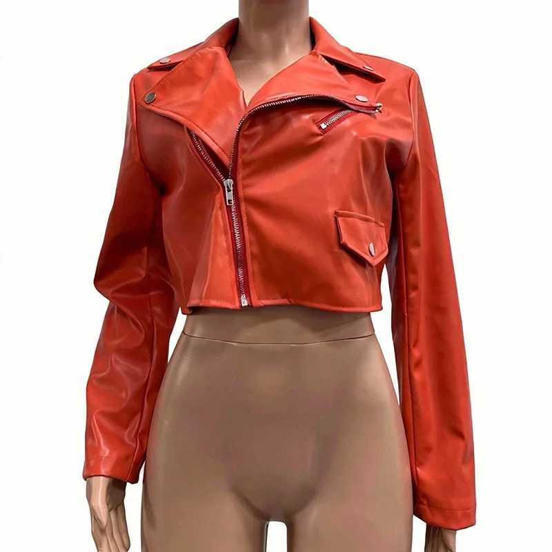 Stigende Dames Kunstleer Cropped Jas PU Leer Onregelmatige Notch Revers Jas - afbeelding 2