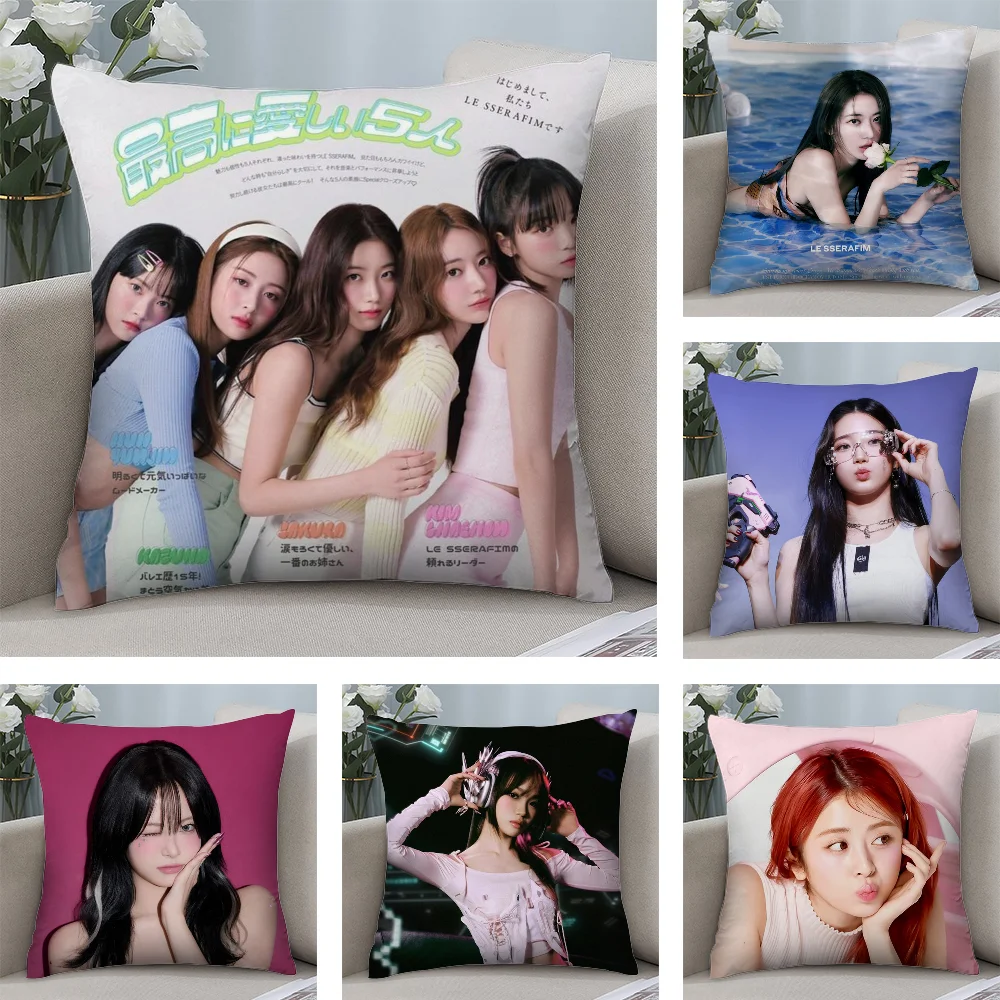 Kpop L-LE S-SSERAFIMS Pillow Case Short Plush Pillow Covers Sofa Decorative Gift Home Double-sided Printing Cushion Cover