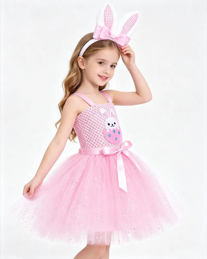 Halloween Kids Pink Glitter Mesh Tutu Dress Set With Rabbit Ear Headband Girls Fluffy Sparkle Tulle Outfit Layered Party Skirt
