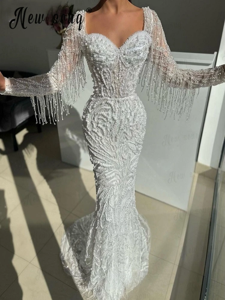 Elegant Tassel Long Sleeves Evening Dress Mermaid Wedding Party Gowns For Black Girls Vestido De Noiva Wedding Party Gowns