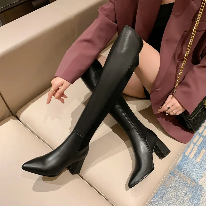 QUTAA 2024 Platforms Women Over The Knee Boots Genuine Leather Square High Heele Zipper Office Lady Basic Shoes Woman Size 34-41