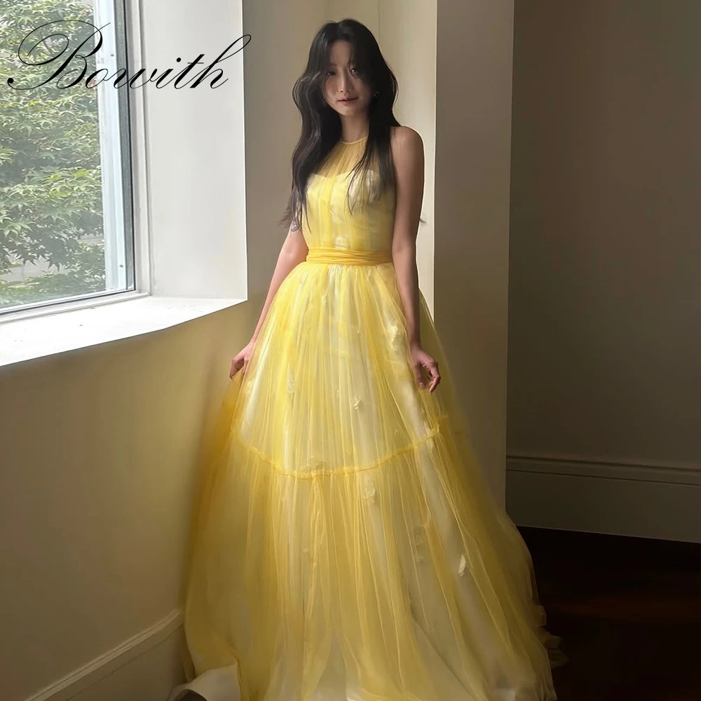 

Bowith Yellow Tulle Korea Wedding Dresses Customized A-line O-Neck Sleeveless Reception Dress Bridal Gown Evening Dress